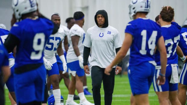Jul 28, 2023; Westfield, Indiana, USA; Indianapolis Colts running back Jonathan Taylor (28) makes his way around the field during an indoor practice at Grand Park Sports Campus. Mandatory Credit: Mykal McEldowney/The Indianapolis Star-USA TODAY Sports